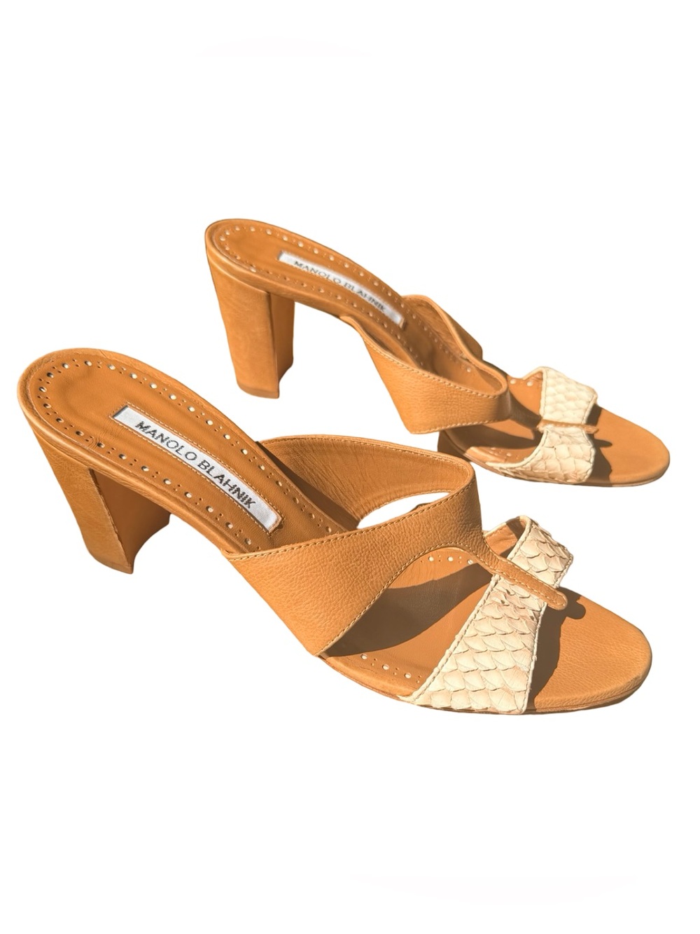 Manolo Blahnik Tan and Cream Leather Block Heel Mules